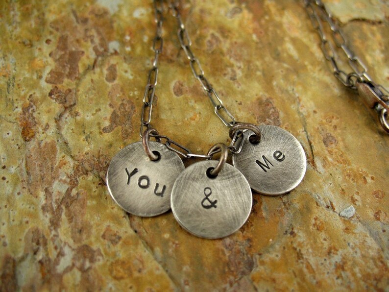 You and Me Necklace Sterling Silver Hand Stamped Charm Necklace Valentine's gift for her image 4