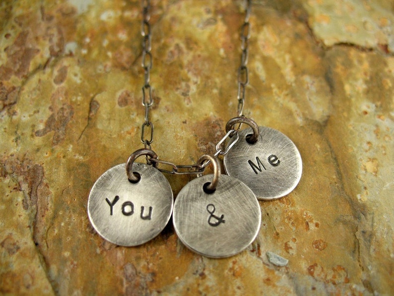 You and Me Necklace Sterling Silver Hand Stamped Charm Necklace Valentine's gift for her image 6