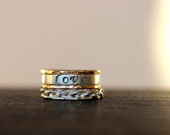 Braided, Gold, and Custom Stamped Stacking Rings Set