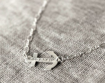 Sideways Anchor Necklace - Sterling Silver, Stamped, and Personalized