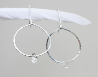 Silver Jupiter Drops - Silver and Herkimer Diamond Hoop Earrings Silver Hoop Earrings  Boho Bride Bridal Earrings Silver Hoops