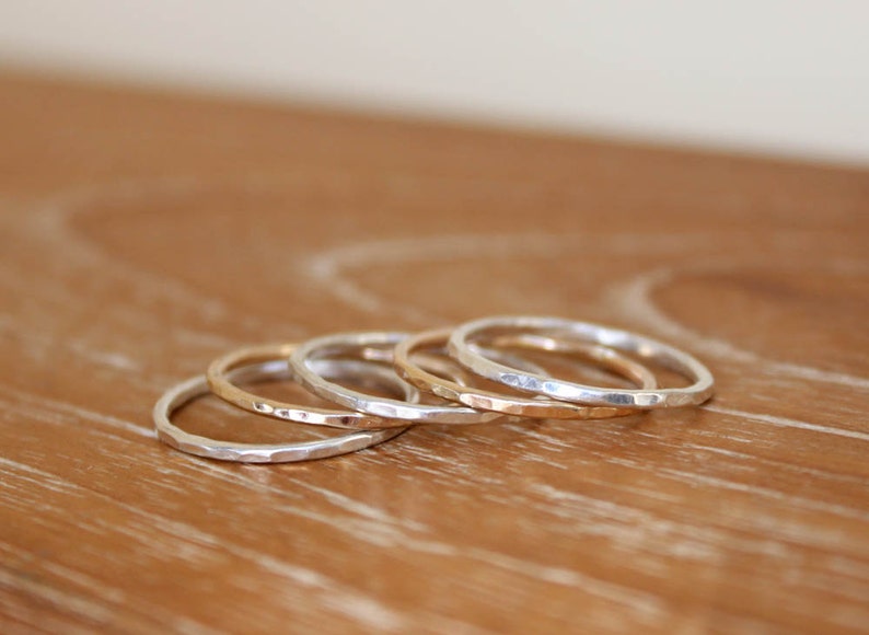 Five Hammered Gold and Silver Stacking Rings image 2