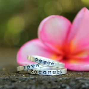 Three Favorite Words Rings peace, love, coconuts stacking set image 2