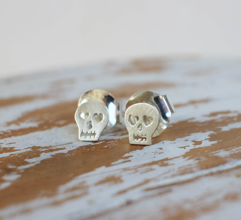 Skull Stud Earrings Heart Eyes Hand Sawed Artisan Skull Earrings image 1