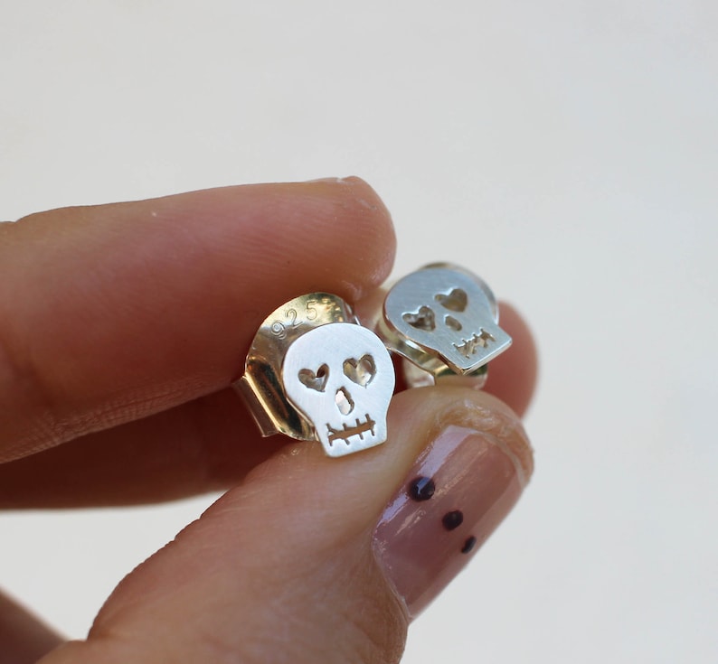 Skull Stud Earrings Heart Eyes Hand Sawed Artisan Skull Earrings image 3