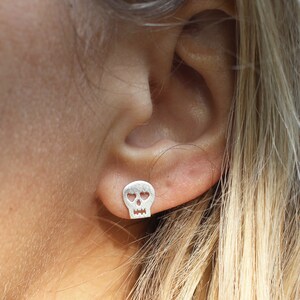 Skull Stud Earrings Heart Eyes Hand Sawed Artisan Skull Earrings image 5