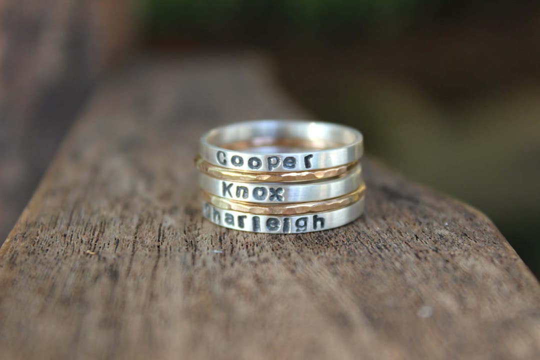 Stackable Rings Engraved Stamped Stackable Rings - Personalized Hand Stamped Silver and Gold ...
