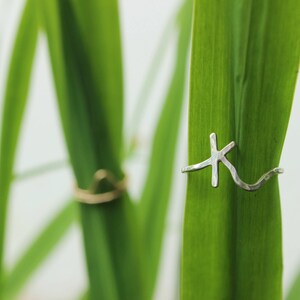 Op de afbeelding: Een zilveren ring met een golvende band en een kruisontwerp. De ring is op een groene plant.