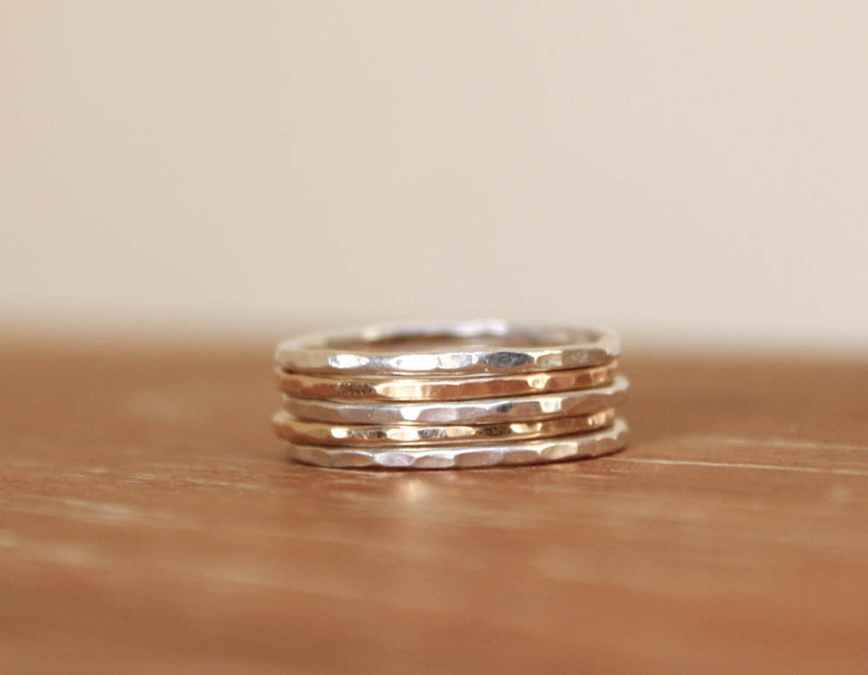 Five Hammered Gold and Silver Stacking Rings image 1