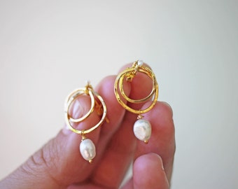 Gold Mangata Dangles - 18k Gold Vermeil Pearl Earrings Hoop Dangle Earrings Natural Pearl Bridal Earrings