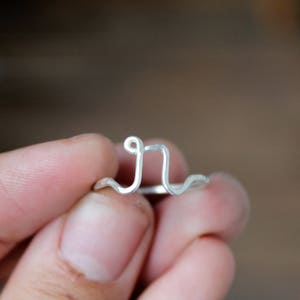 Op de afbeelding: Een zilveren ring met een eenvoudig, gebogen ontwerp. De ring is gemaakt van draad en is gevormd als de letter "J".
