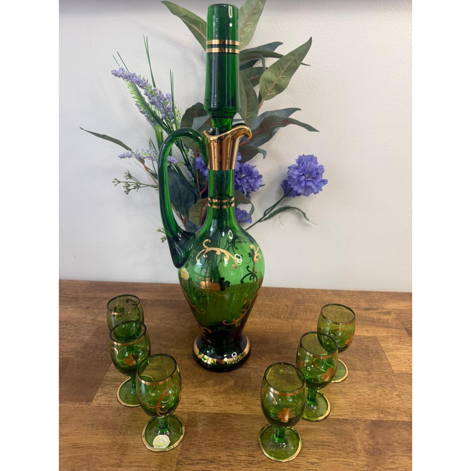 Bohemia Glass 12個セット Vintage Bohemia Czech Emerald Green Glass Decanter Set Gold Gilt