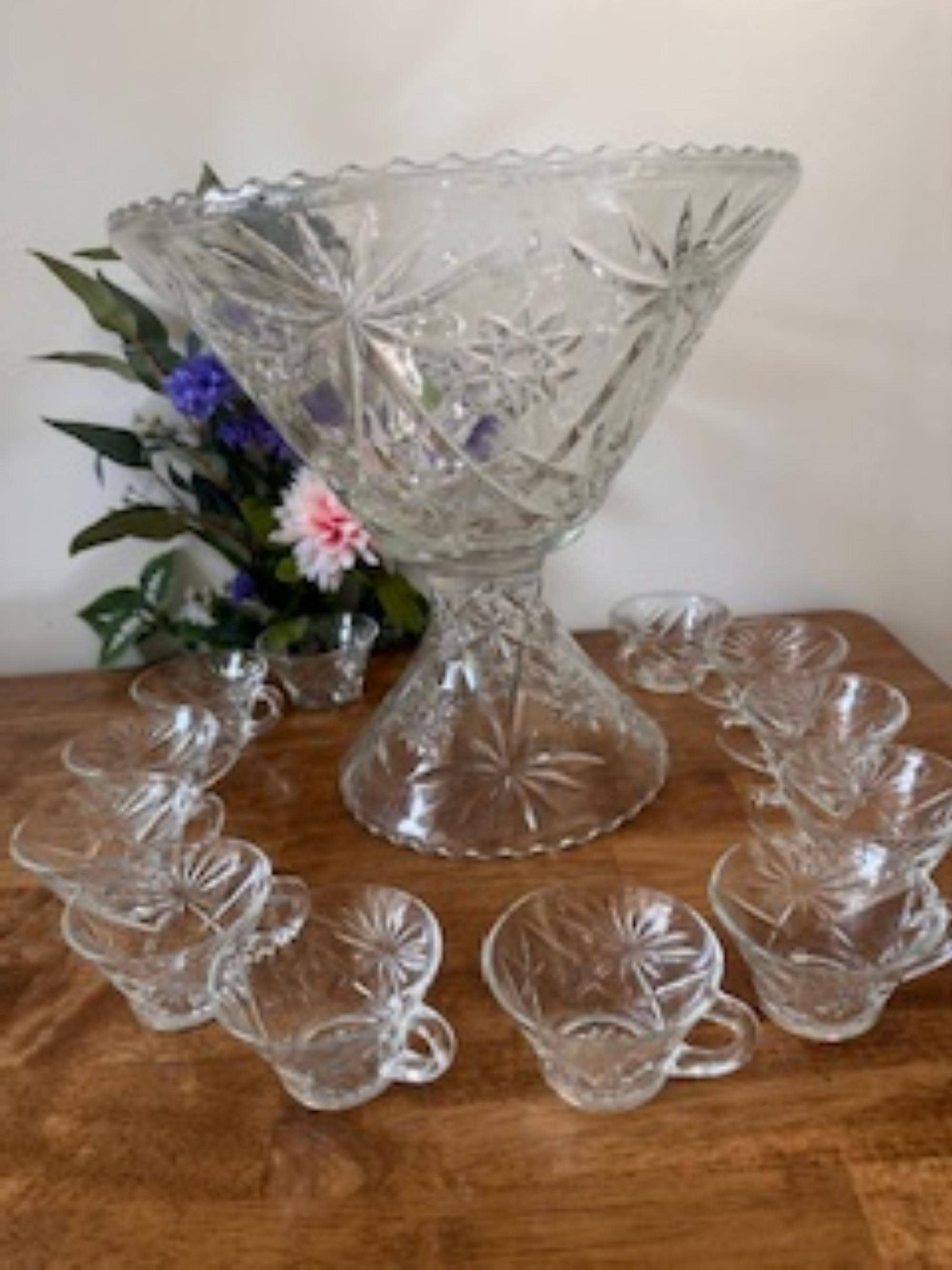 Vintage Anchor Hocking Star of David Pedestal Punch Bowl Set Mid