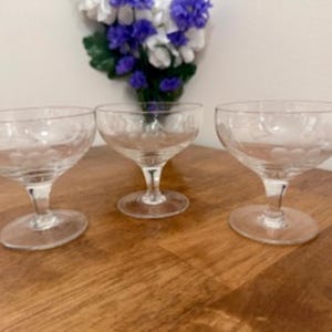 Vintage Etched Coupe Glasses with Grape Design – Elegant Stemware for Wine Cocktails or Dessert