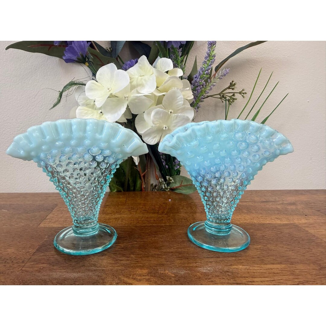 Fenton Blue Opalescent Hobnail Fan Vase Pedestal Ruffled Glass Pair MCM ...