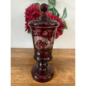 Vintage Bohemian Ruby Red Crystal Covered Goblet Candy Jar Etched Czech Glass