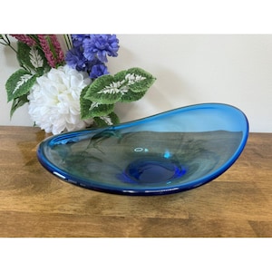 Hand Blown Art Glass Cobalt Blue Freeform Bowl Centrepiece