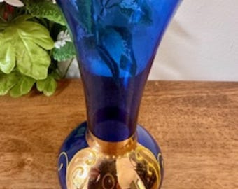 ボヘミアン チェコ コバルトブルー 花瓶 ゴールド エナメル 花柄
