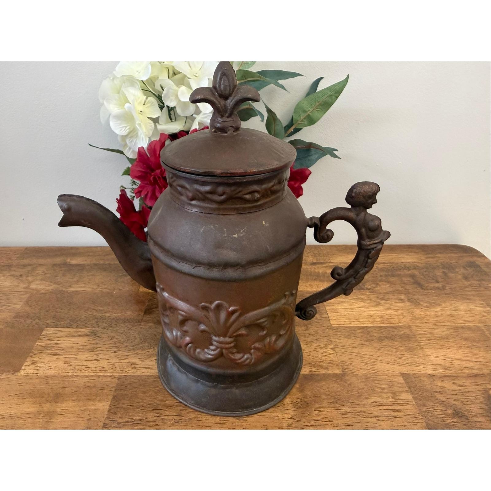 Large Vintage Metal Watering Can Fleur De Lis Mermaid Handle