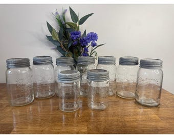 Tarros Crown Mason de Canadá, botes de vidrio vintage, tapas de zinc, corona en relieve.