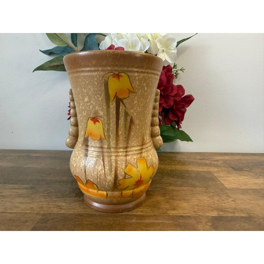 Vintage English Studio Pottery Vase Hand Painted Tulip Floral Mid ...