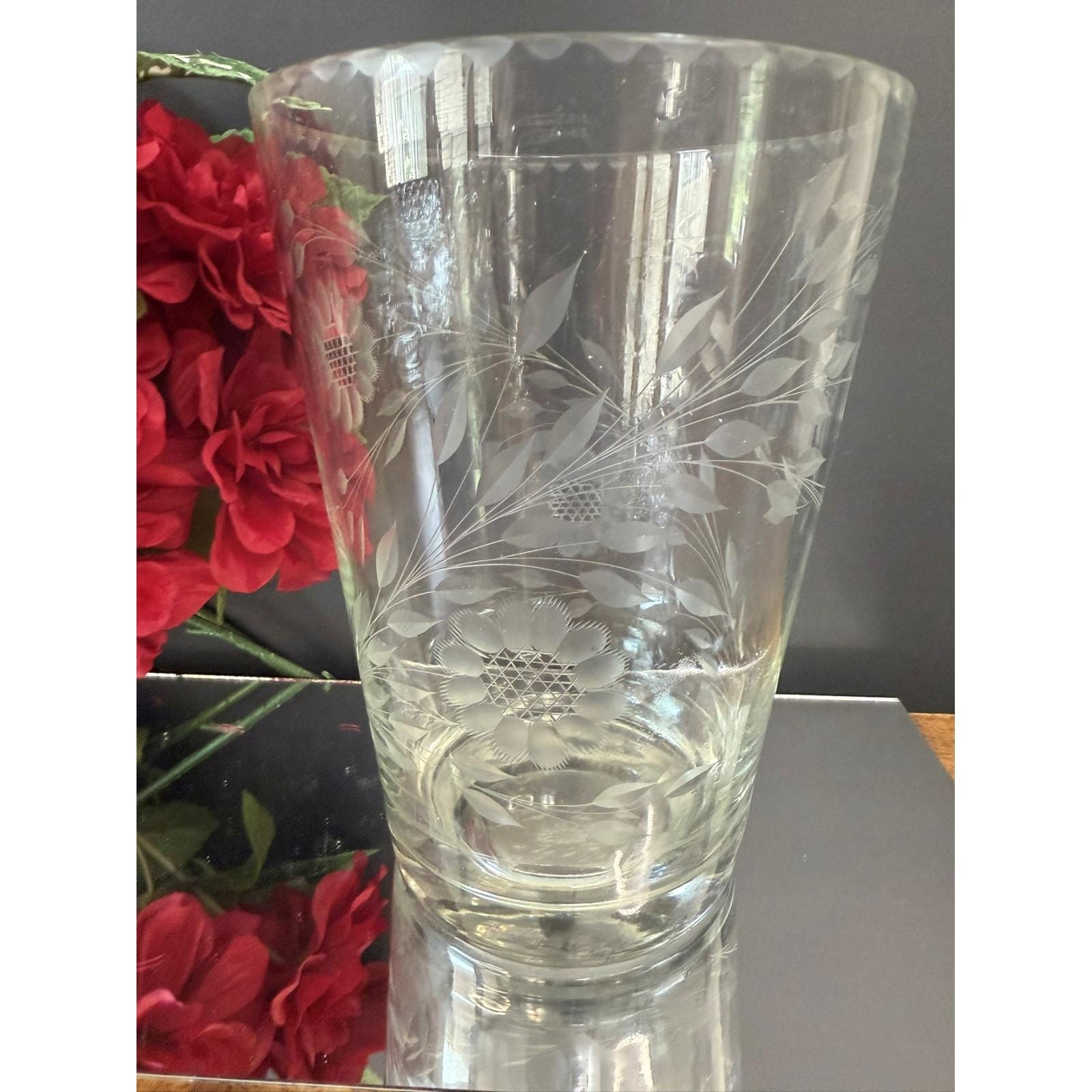 Vintage Etched Cornflower Glass Vase or Ice Bucket Hughes Style