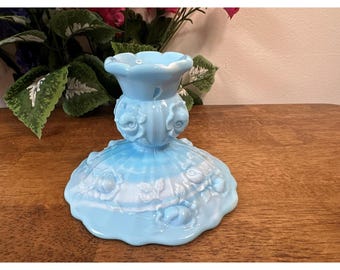 Vintage Blue White Slag Glass Candle Holder Cabbage Rose Ruffled Fenton Style