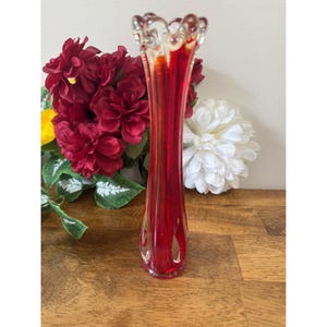 Vintage Ruby Red Hand Blown Glass Vase Ruffled Edge Mid Century Art Glass