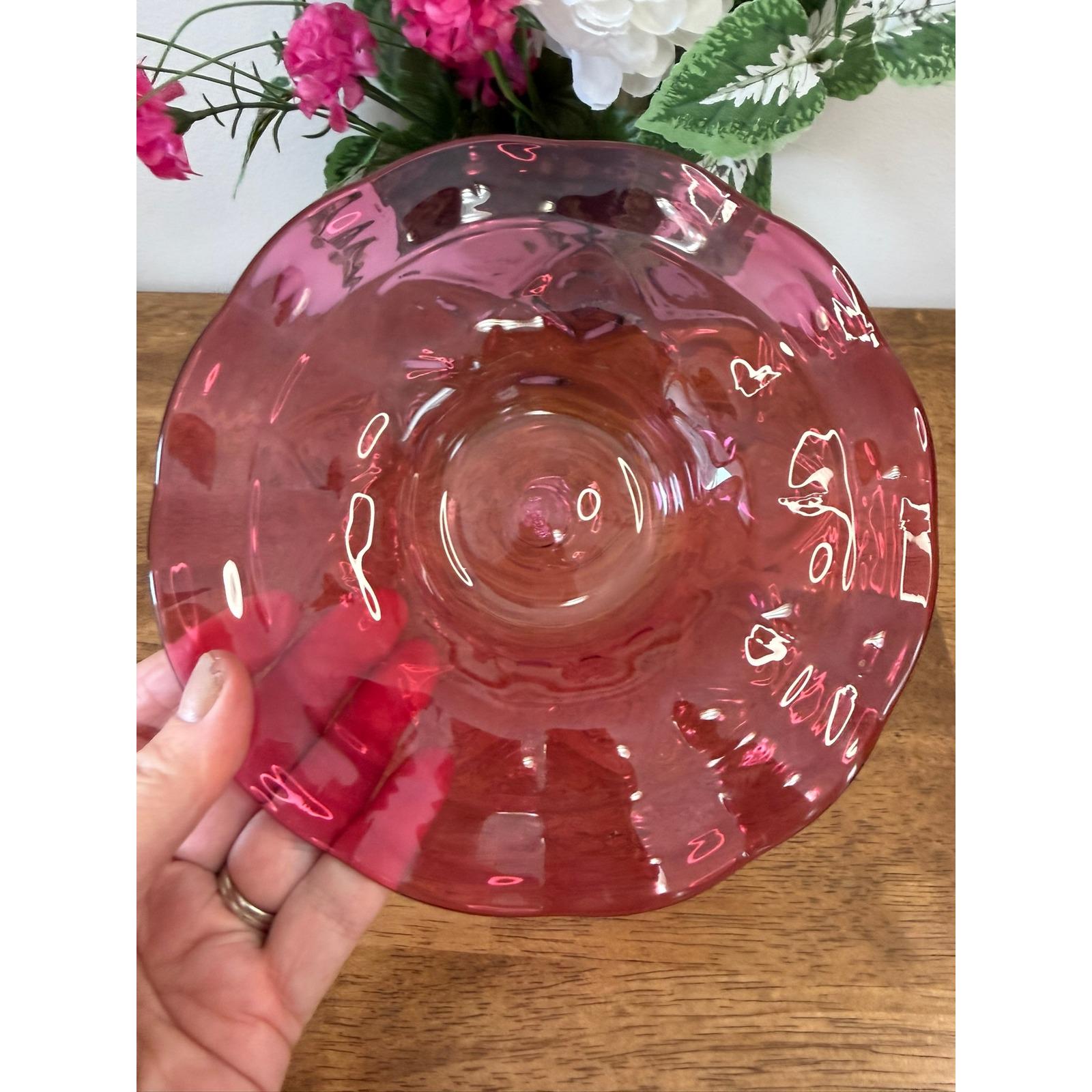Vintage Cranberry Art Glass Ruffled Bowl Hand Blown Swirl Dish