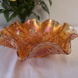 Vintage Imperial Marigold Carnival Glass Bowl Ruffled Rose Design Iridescent Collectible