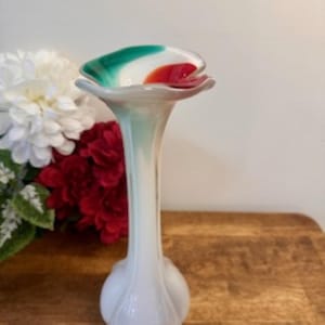 Vintage Hand Blown Art Glass Vase White Base Red Green Swirl Ruffled Top