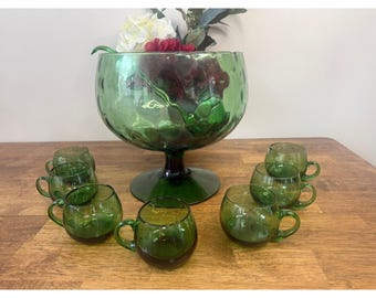 Vintage Green Glass Punch Bowl Set Pedestal Cups Glass Ladle MCM