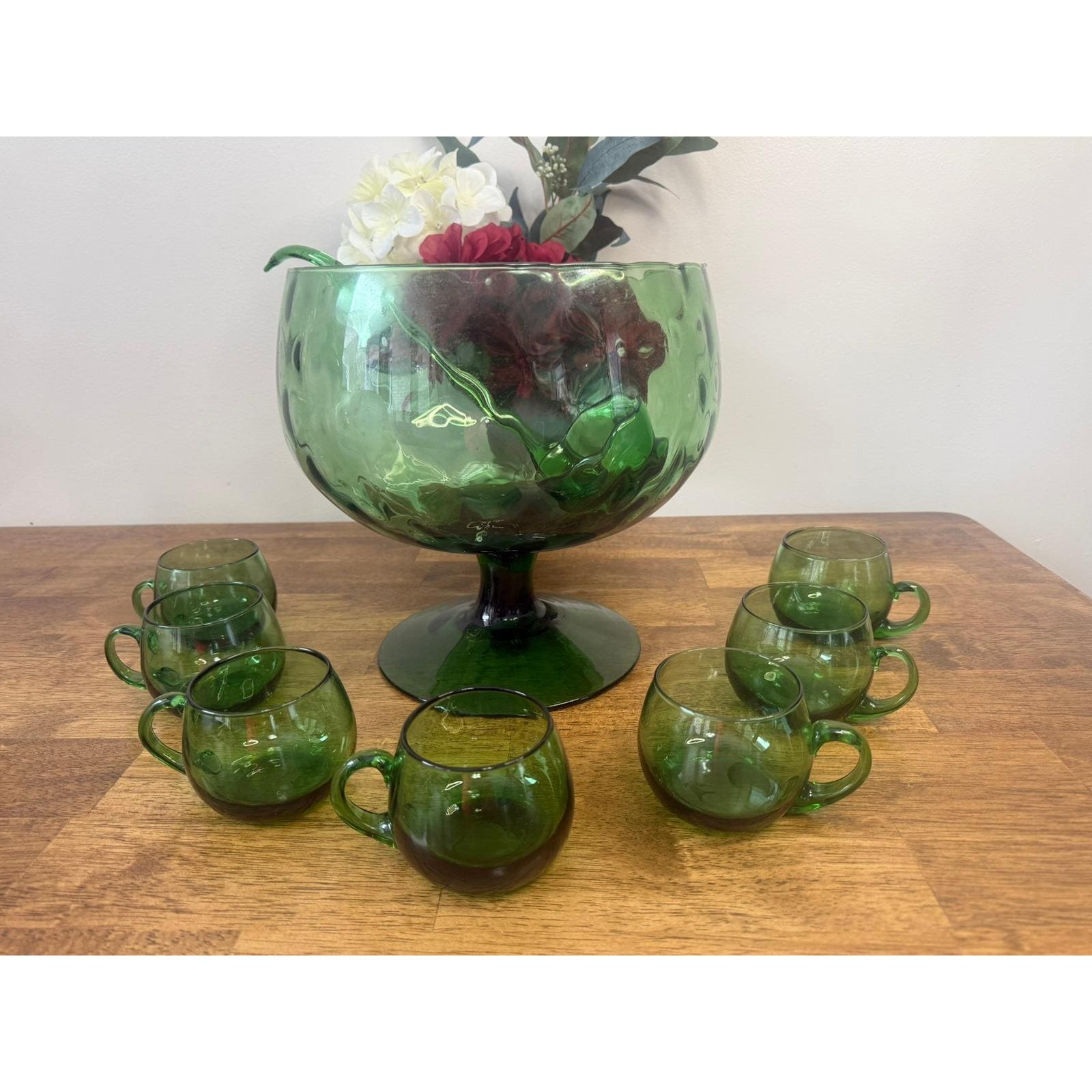 Vintage Green Glass Punch Bowl Set Pedestal Cups Glass Ladle MCM