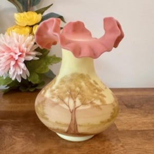 Fenton Burmese Glass Vase Signed Sue Foster – Hand Painted Ruffled Top Art Glass