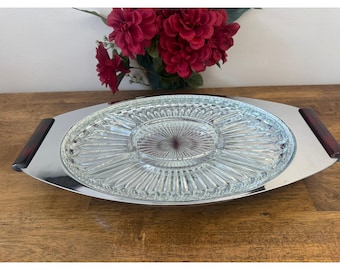 Vintage Gourmates by Glo-Hill Canada Atomic Serving Tray Chrome  Ruby Red Legs