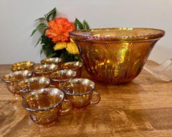 MCM Indiana Glass Marigold Carnival Glass Punch Bowl Set Iridescent Grapevine