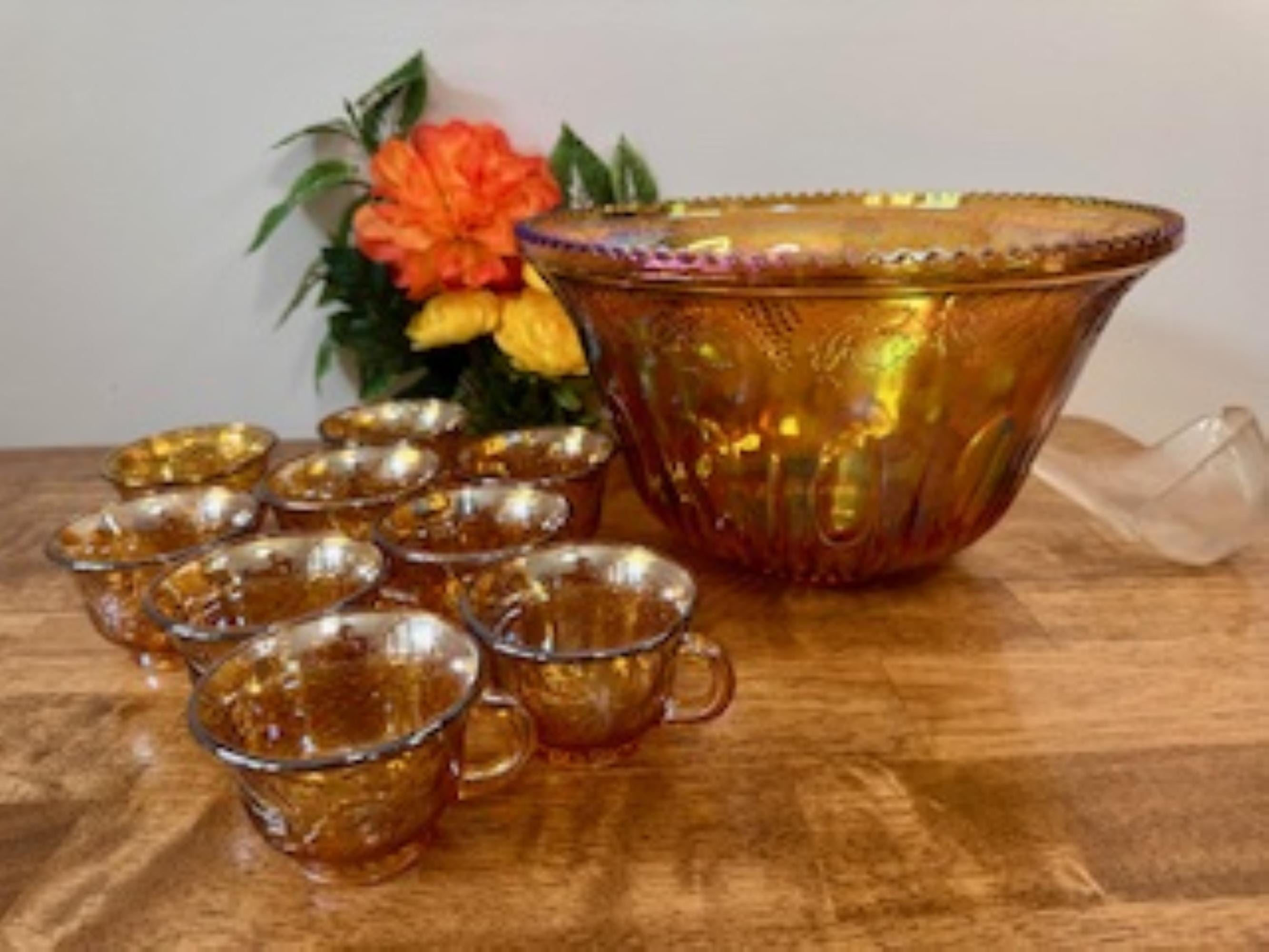 MCM Indiana Glass Marigold Carnival Glass Punch Bowl Set