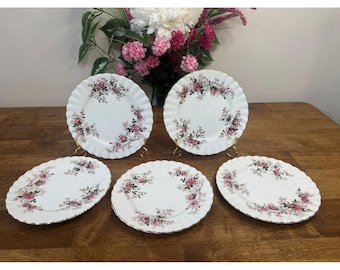 Royal Albert Lavender Rose Bone China 5 Plates Pink Roses Gold Trim England Set