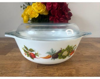 Vintage Pyrex England Market Garden Vegetable Casserole Dish With Lid Milk Glass