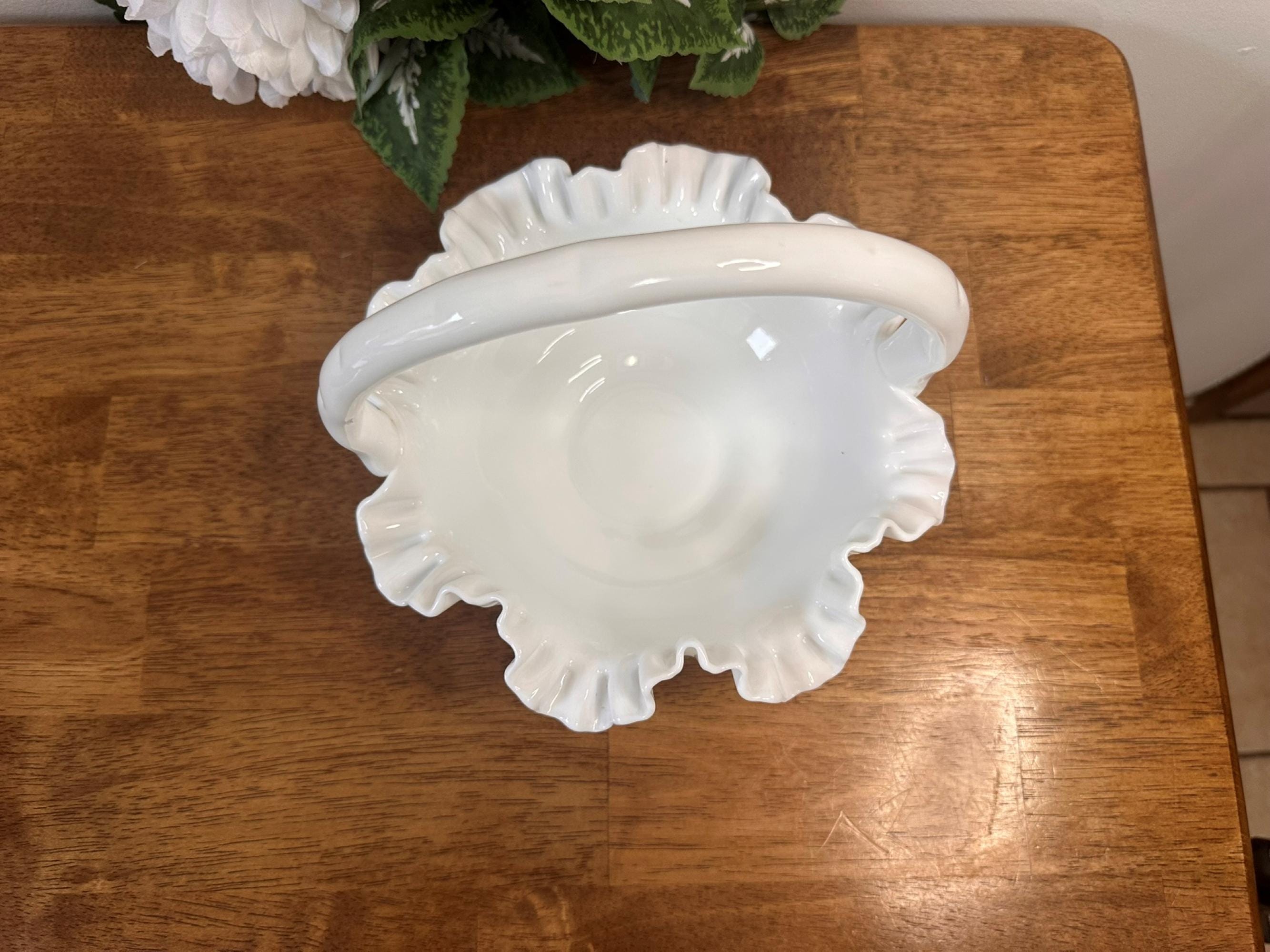 Fenton Milk Glass Cabbage Rose Basket Vintage White Ruffled Edge