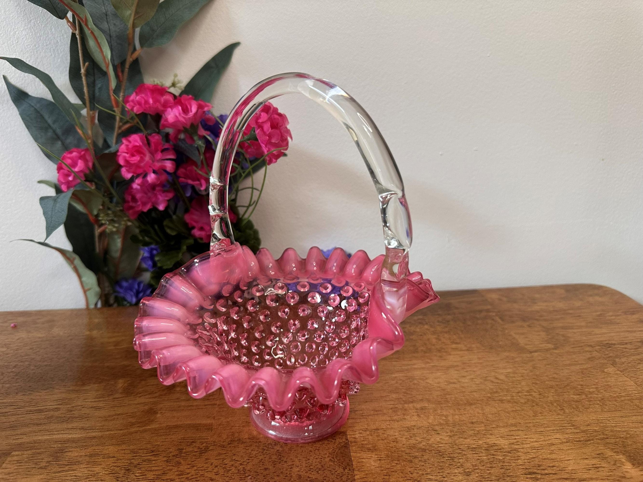Fenton Cranberry Opalescent Hobnail Glass Basket Vintage Ruffled Edge Clear Handle Collectible