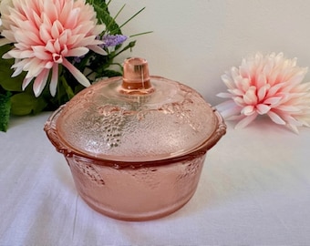Vintage Pink Pressed Glass Condiment Bowl with Lid – Grapevine Fruit Design 1970s Elegant Retro Serveware