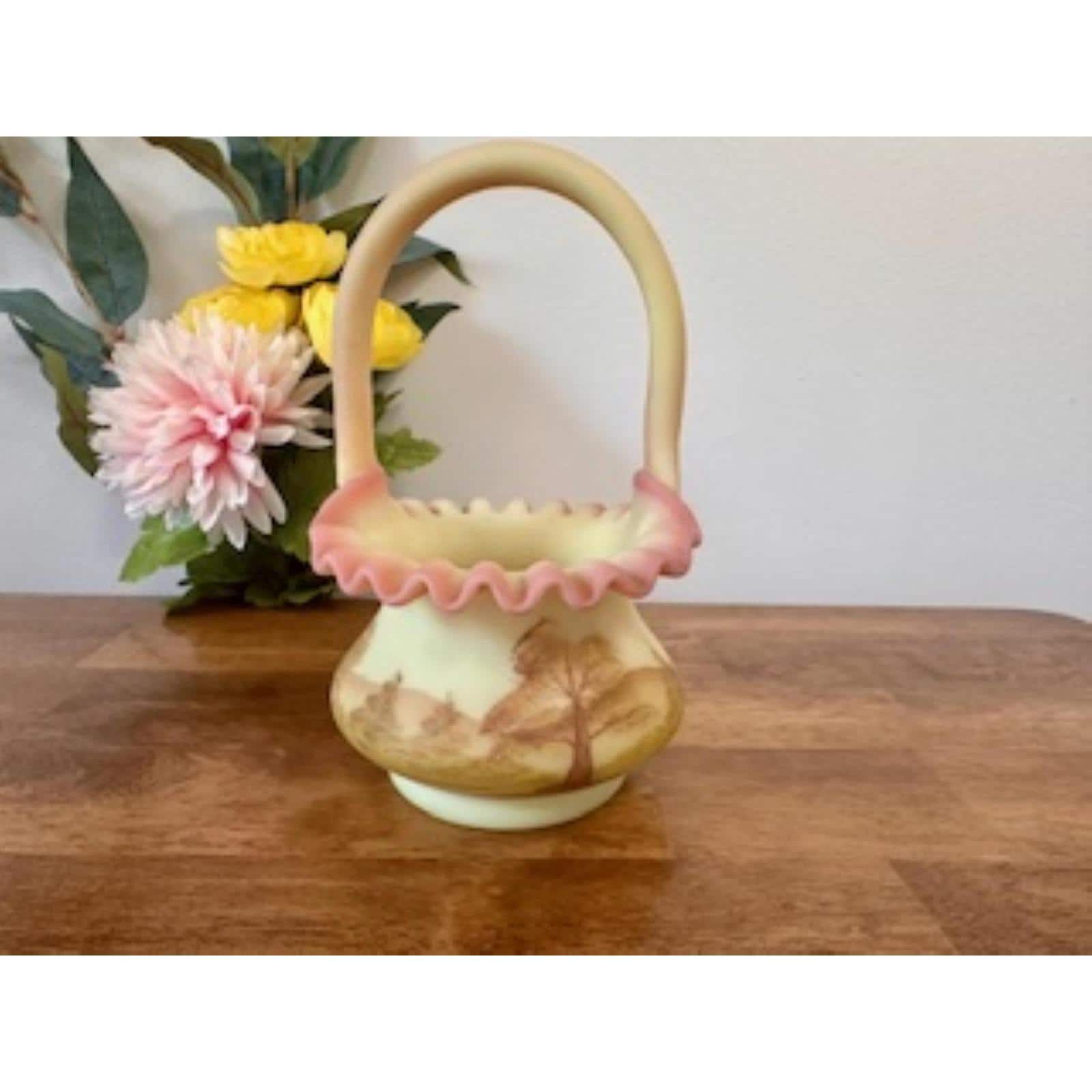 Fenton Burmese Uranium Glass Basket Signed Kay Davis Hand Painted