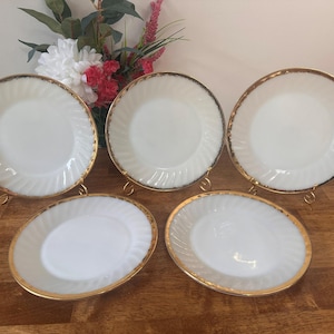 Vintage Fire-King Anchor Hocking Milk Glass Plates Gold Trim Swirl Pattern Set of 5