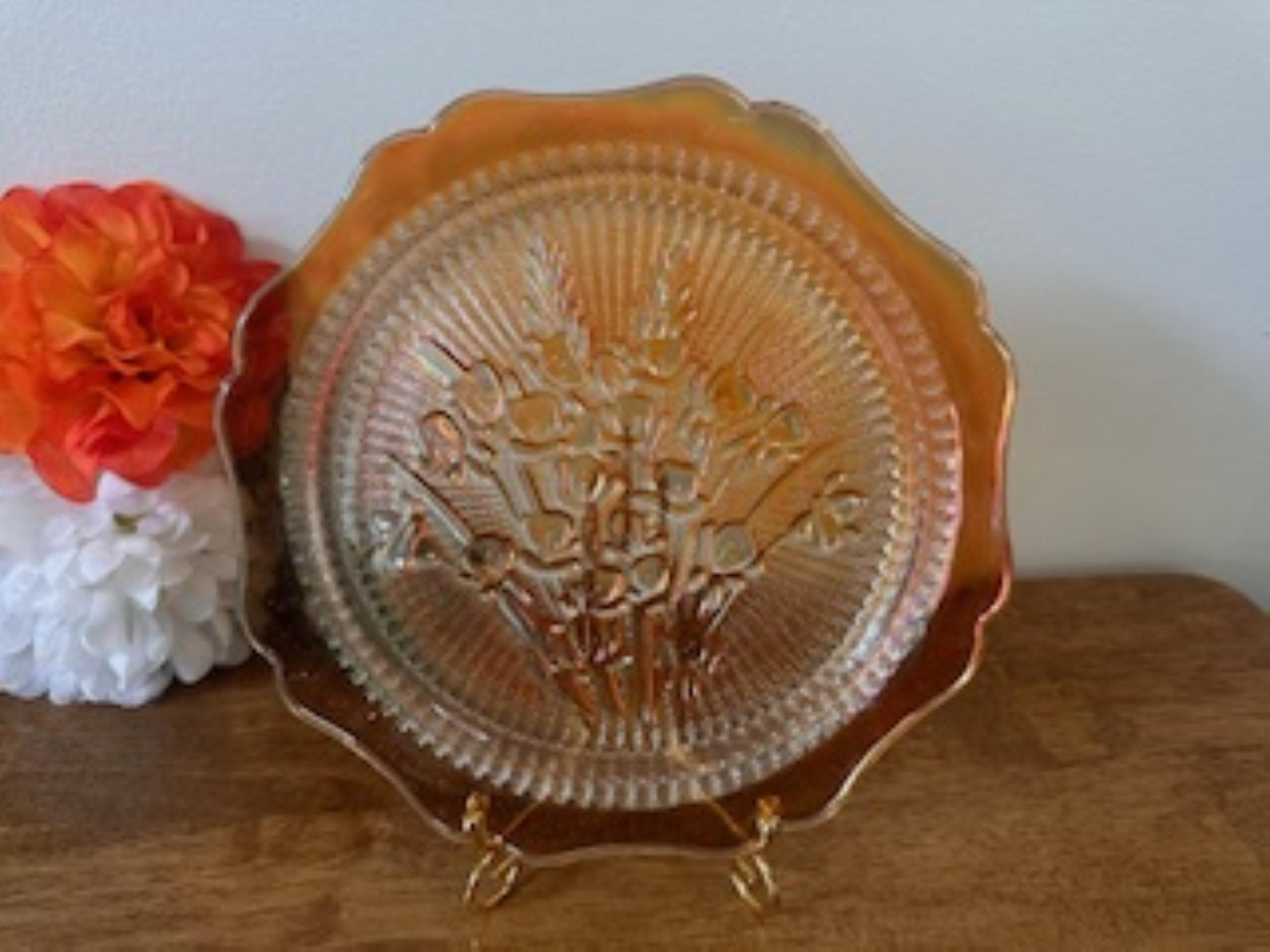Jeannette Iris and Herringbone Marigold Carnival Glass Plate