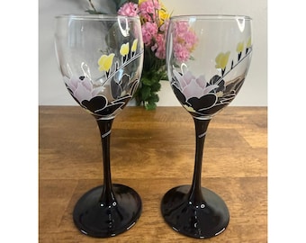 Copas de vino Luminarc France Domino negras con estampado floral, cristalería francesa vintage Anais