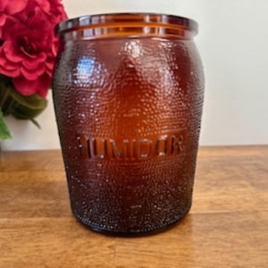 Vintage Dun-Rite Amber Glass Humidor – Textured Tobacco Jar with Embossed Lettering