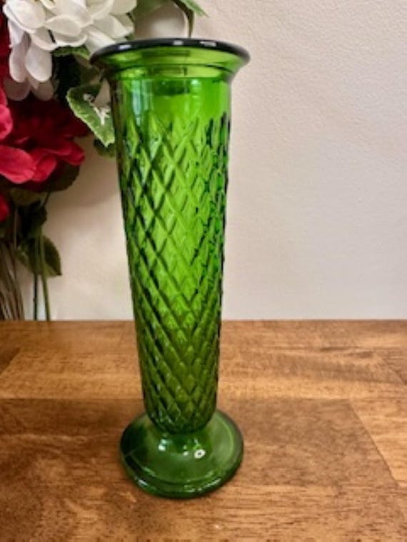 Vintage E.O. Brody Co. Smaragdgrüne Glasvase Diamantenmuster USA