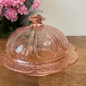 Jeanette Cherry Blossom Pink Depression Glass Butter Dish Covered Dome Floral Vintage