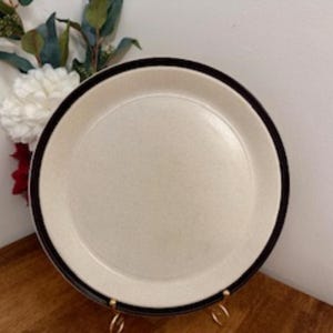 May include: A white ceramic dinner plate with a black rim. The plate has a speckled texture.
